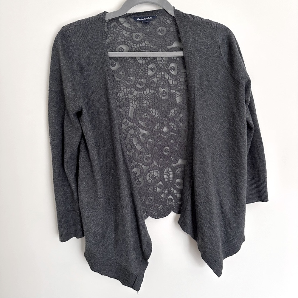 American Eagle Gray Lightweight Lace-Back Cardigan Sweater, Size XS